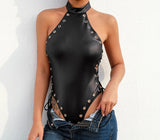 (Custom Product) Black leather sleeveless bodysuit with strap around neck